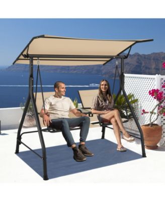 2-Seat Outdoor Cushioned Porch Swing with Adjustable Canopy and Tempered Glass Table
