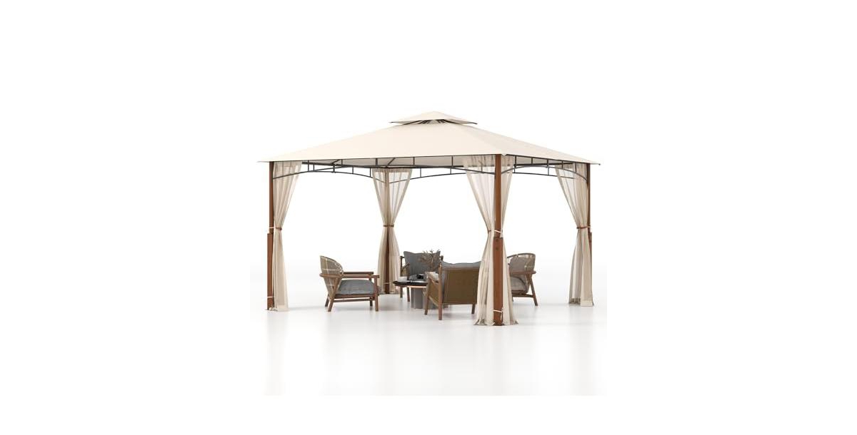 12 x 10 Feet Outdoor Patio Gazebo with Netting and 2-Tier Canopy Roof - Beige