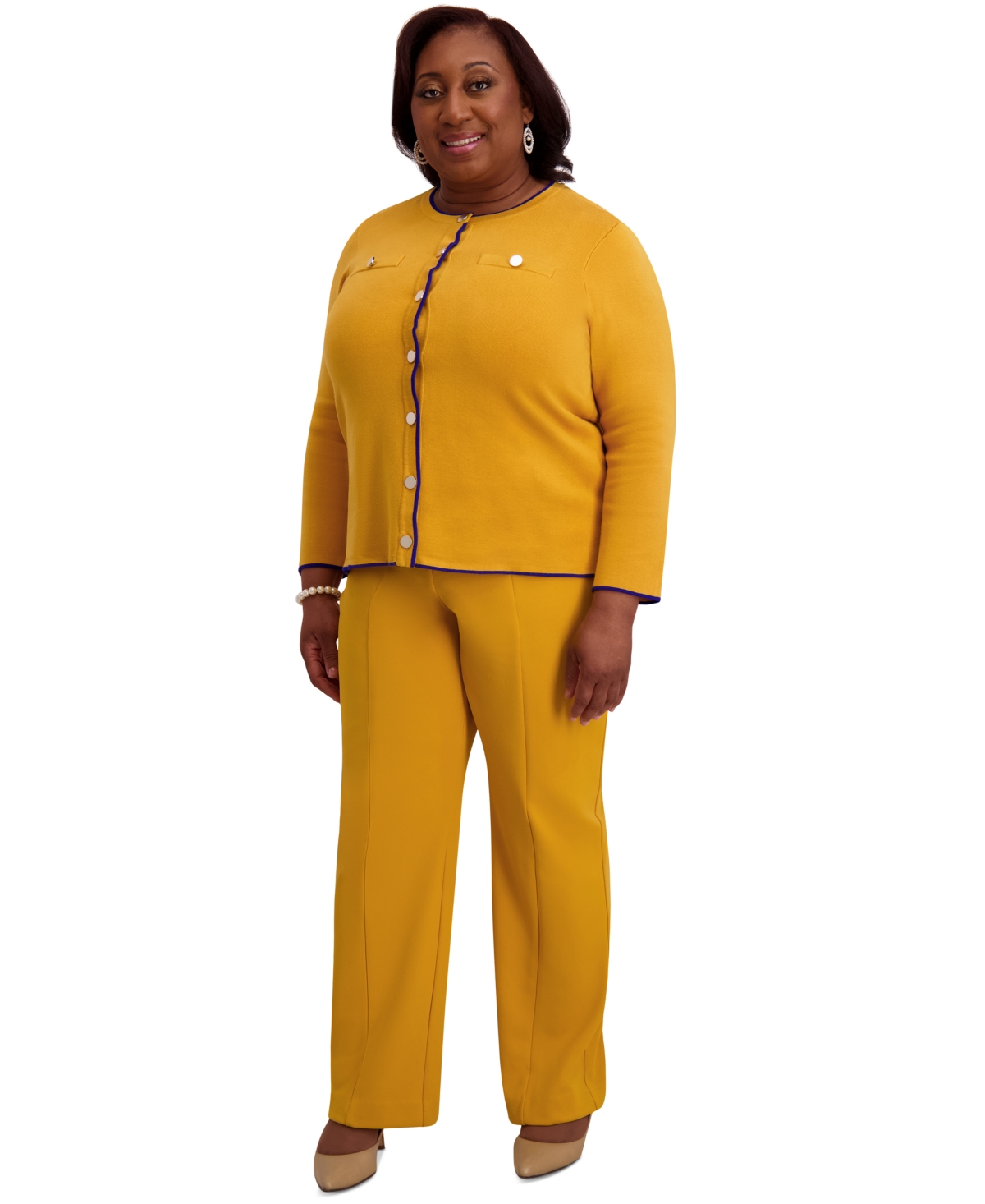 Kasper Round-neck Long-sleeve Button Front Cardigan, Regular & Plus
