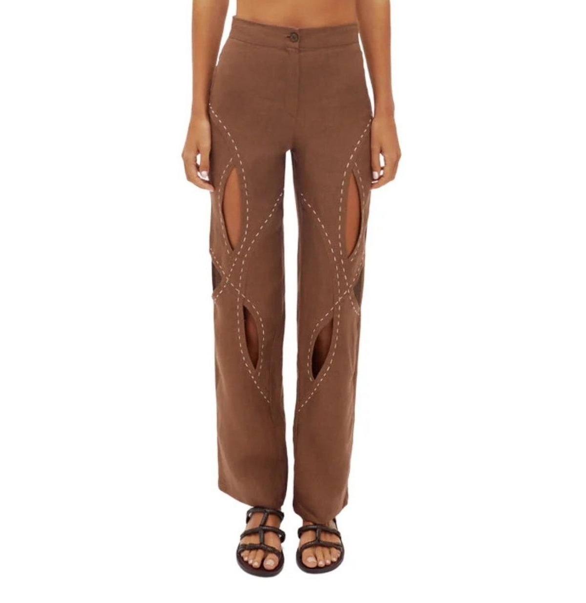 Women's Asher Linen Cut Out Contrast Stitch Pants - Brown