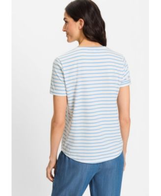 Women's Striped Embroidered Trim V-Neck Tee