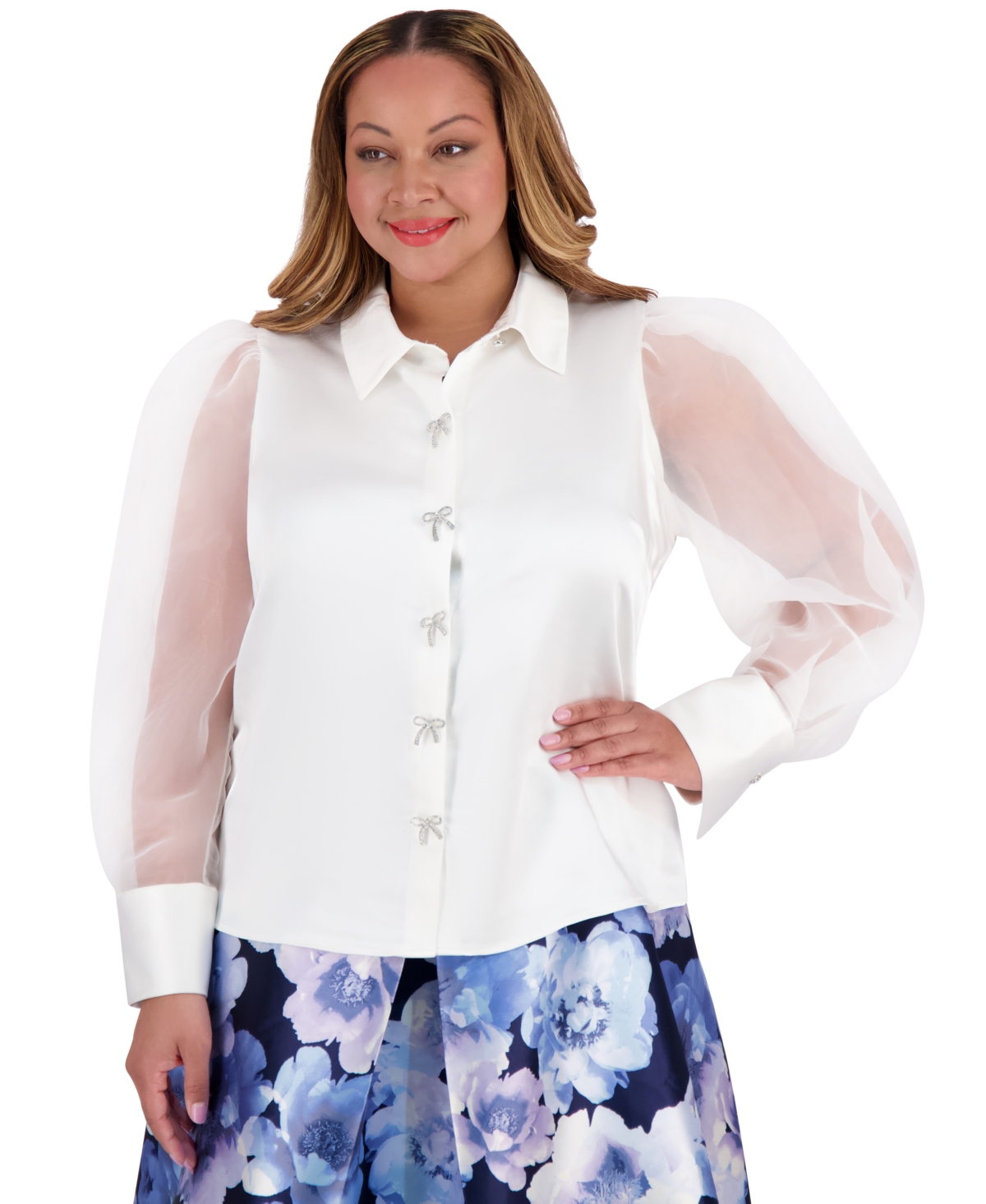 Plus Size Bow-Trim Bishop-Sleeve Blouse - Black