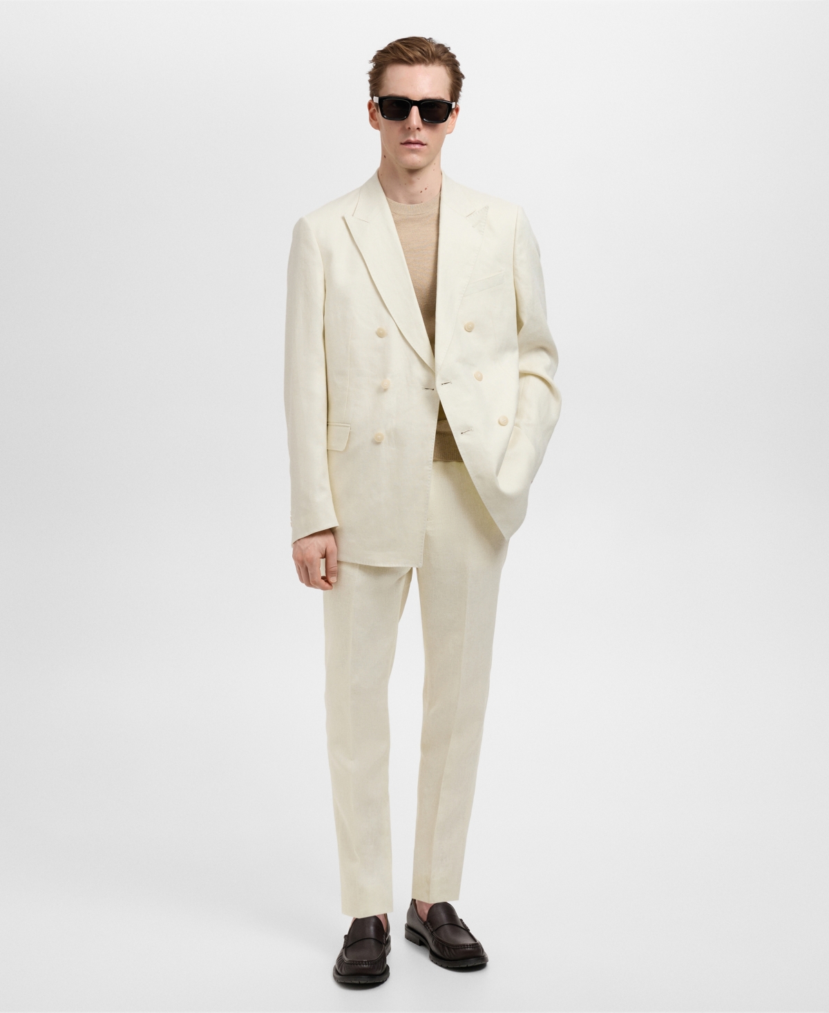 Men's Linen Slim-Fit Double-Breasted Suit Blazer - Ivory White