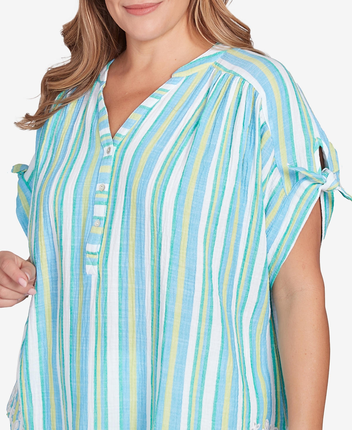 Ruby Rd. Plus Size Scalloped Stripe Embroidered Tie Sleeve Top In Blue