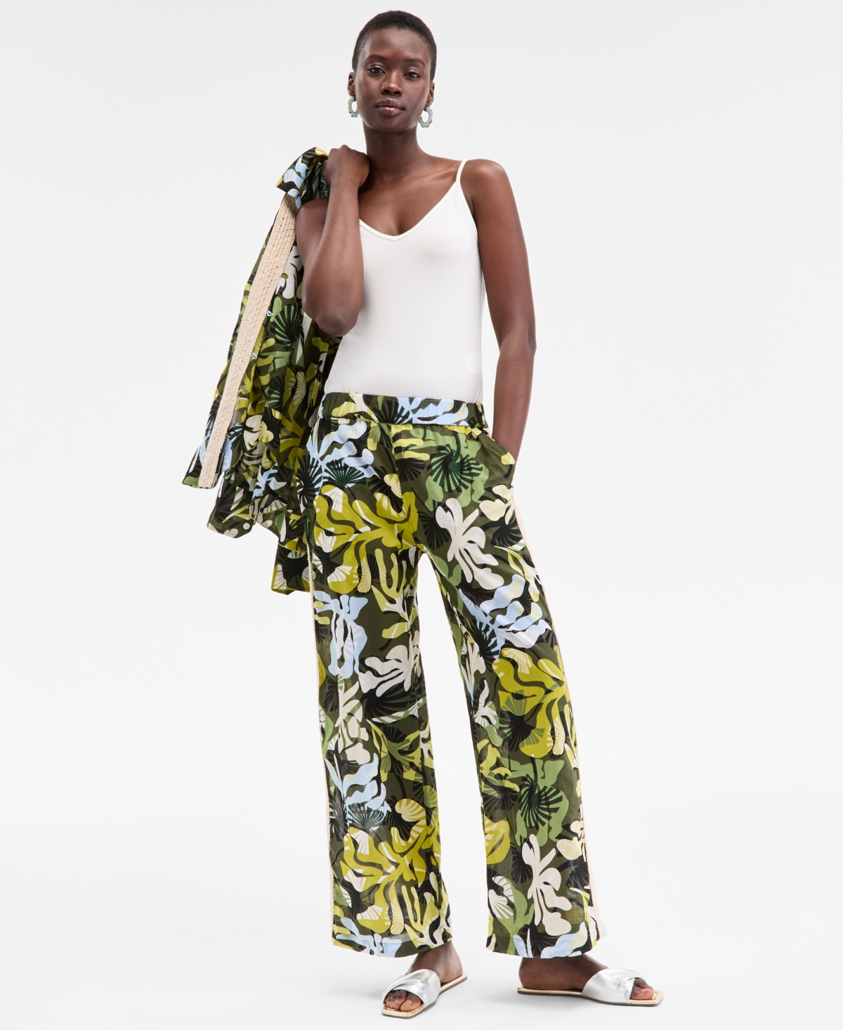 Women's Leaf-Print Crochet-Trim Wide-Leg Pants, Exclusively at Macy's - Palmetto Combo
