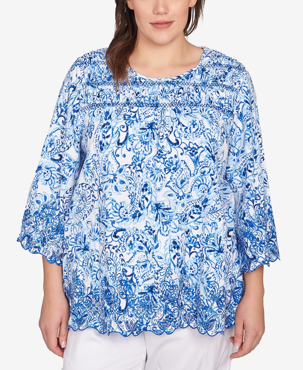 Plus Size Oceanic Paisley Embroidered Crew Neck Top - French Blue Multi