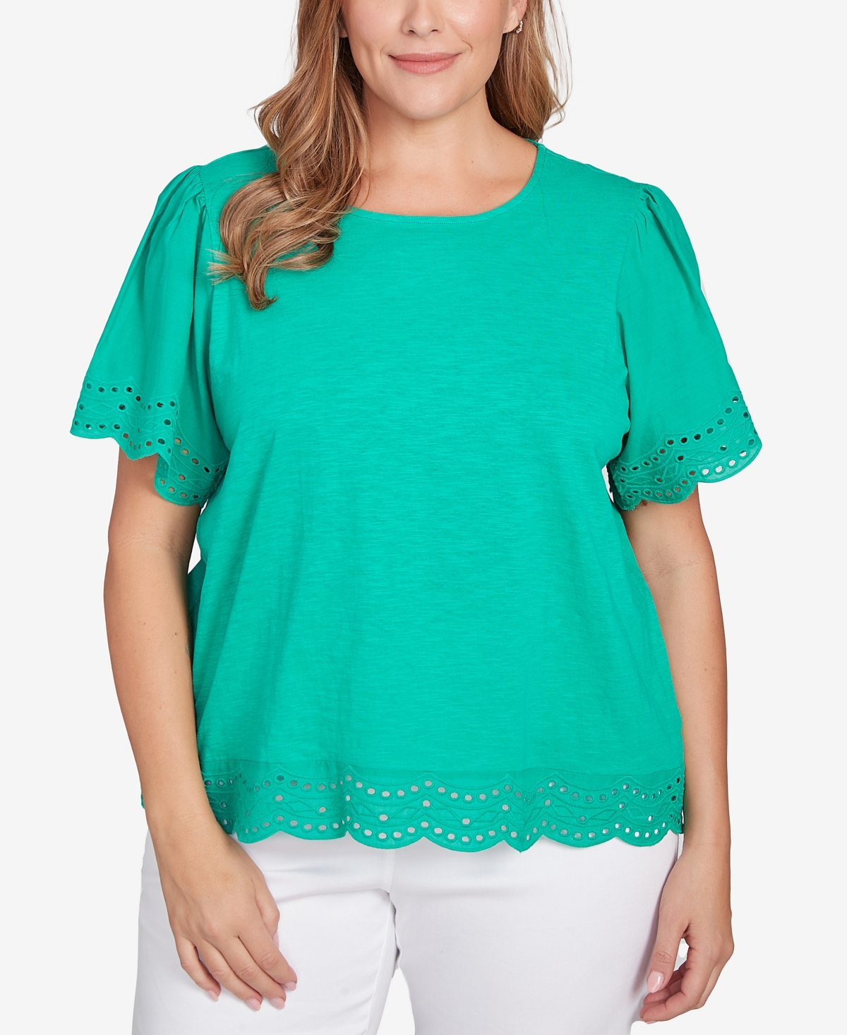 Ruby Rd. Plus Size Embroidered Sleeve Solid Top In Green