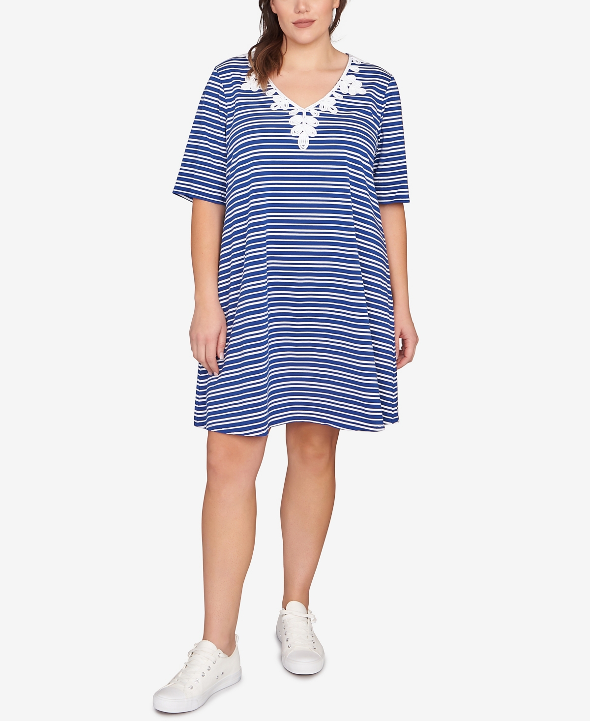 Plus Size Embroidered Stripe Knit Dress - Blue Multi
