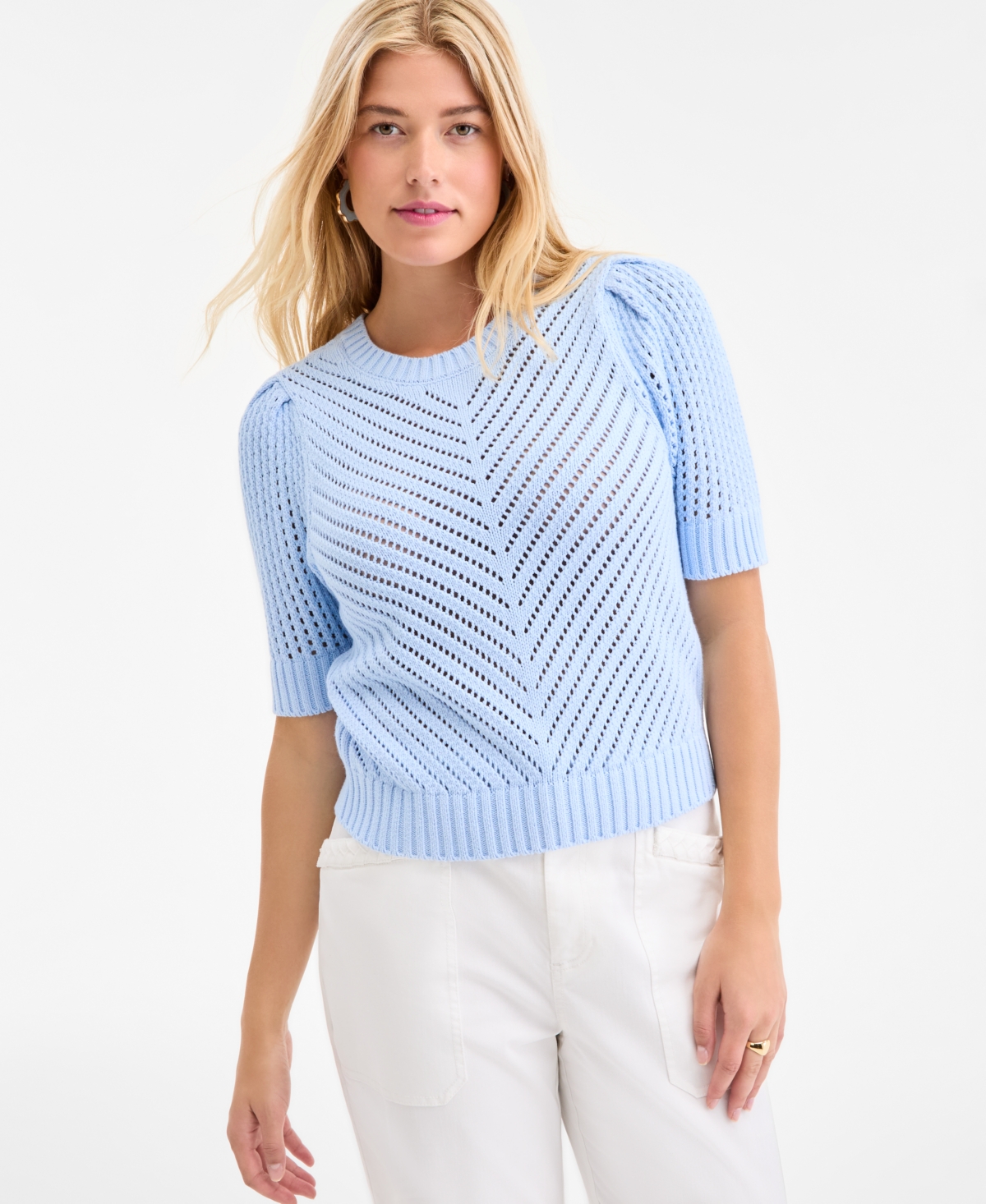 On 34th Women's Diagonal-knit Puff-sleeve Sweater, Exclusively At Macy's