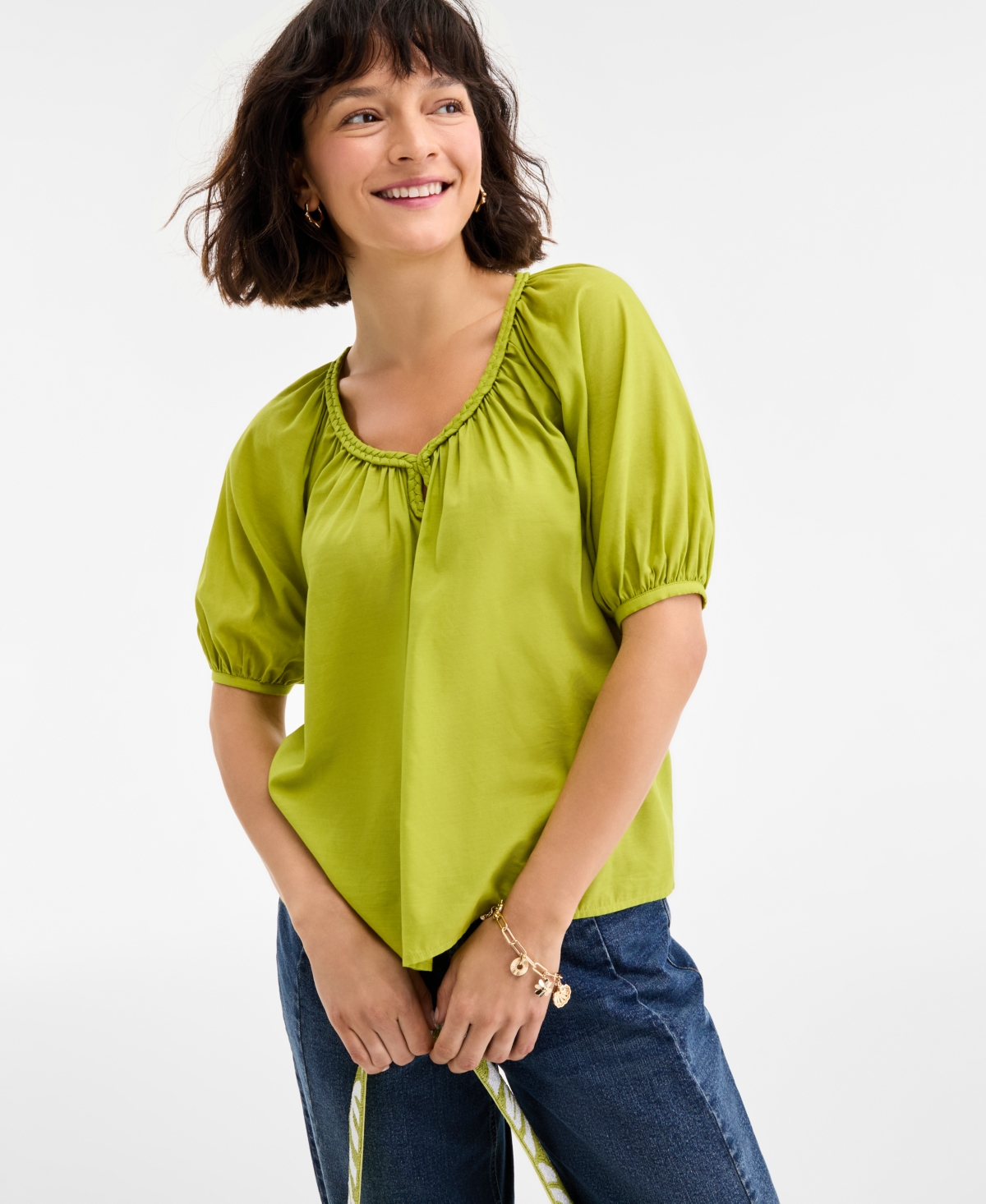 Women's Elbow Sleeve Braided-Trim Top, Exclusively at Macy's - English Pea