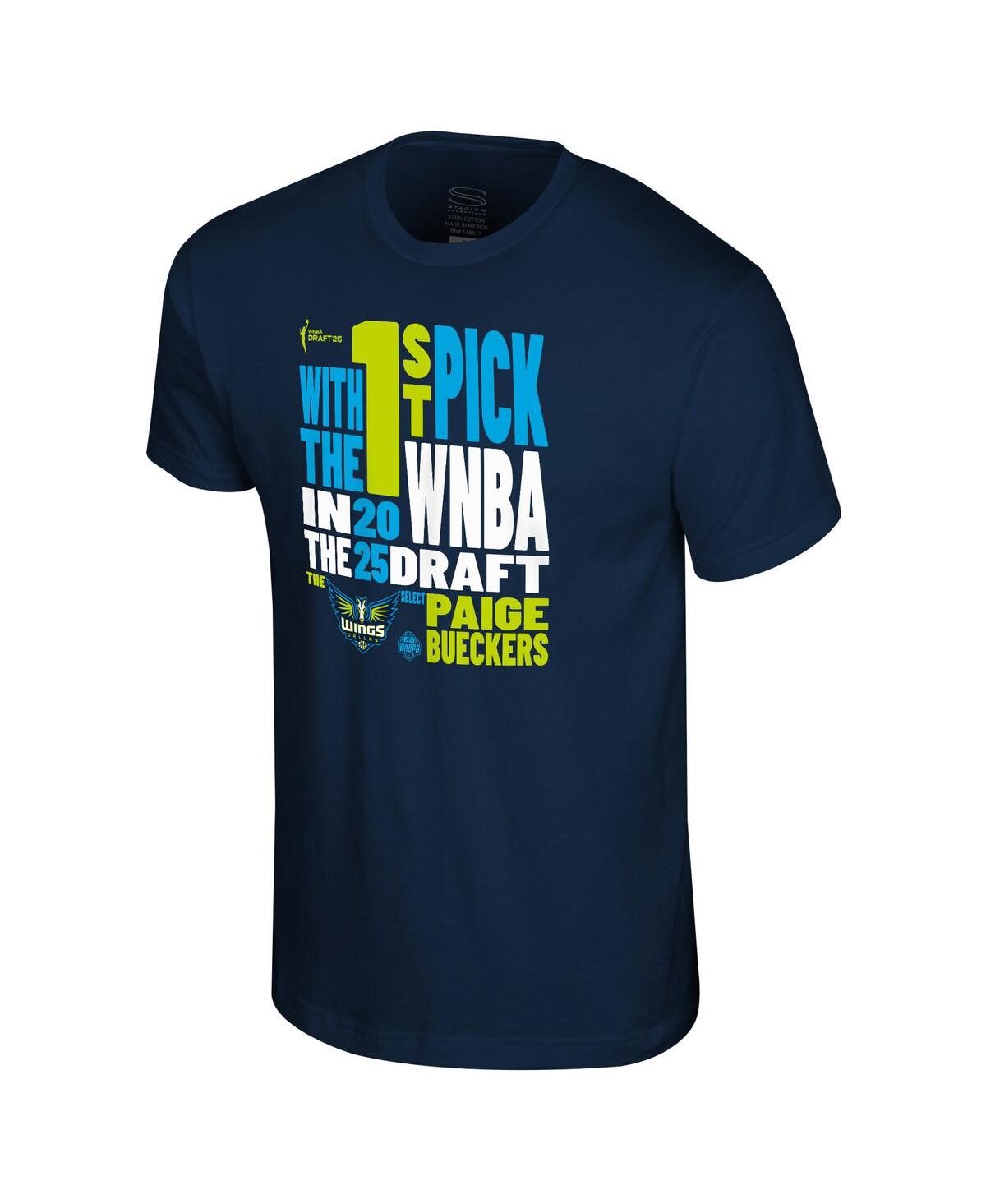 STADIUM ESSENTIALS MEN'S AND WOMEN'SÂ PAIGE BUECKERS NAVY DALLAS WINGS 2025 WNBA DRAFT 1ST OVERALL PICK VERBIAGE T-SHIR 