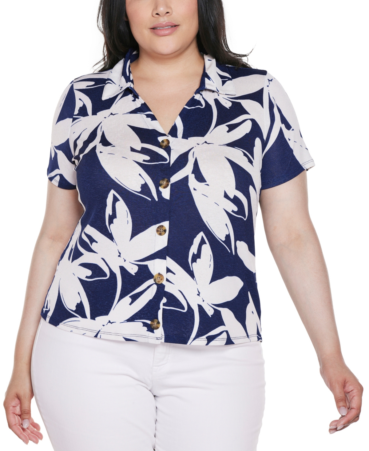 BELLDINI PLUS SIZE FLORAL BUTTON-FRONT KNIT TOP 