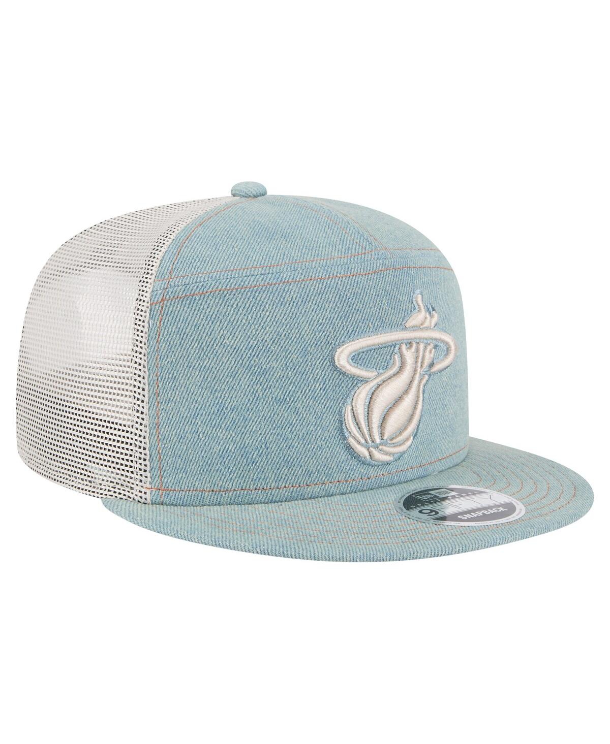 NEW ERA MEN'S MIAMI HEAT ADVENTURE DENIM SPLIT PANEL 9FIFTY SNAPBACK TRUCKER HAT 