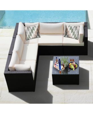 6PCS Rattan Patio Sectional Sofa Conversation Set Outdoor w/ Beige Cushions
