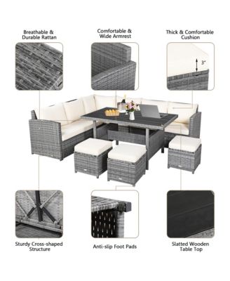 7PCS Rattan Patio Sectional Sofa Set Conversation Set w/ White Cushions