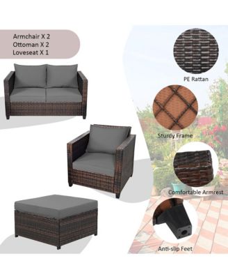 5PCS Outdoor Patio Rattan Conversation Sofa Furniture Set w/ Grey Cushions