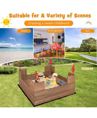 Solid Wood Kids Sandbox w/ 2 Bench Seats Outdoor Sandpit w/ Storage Box & Flags