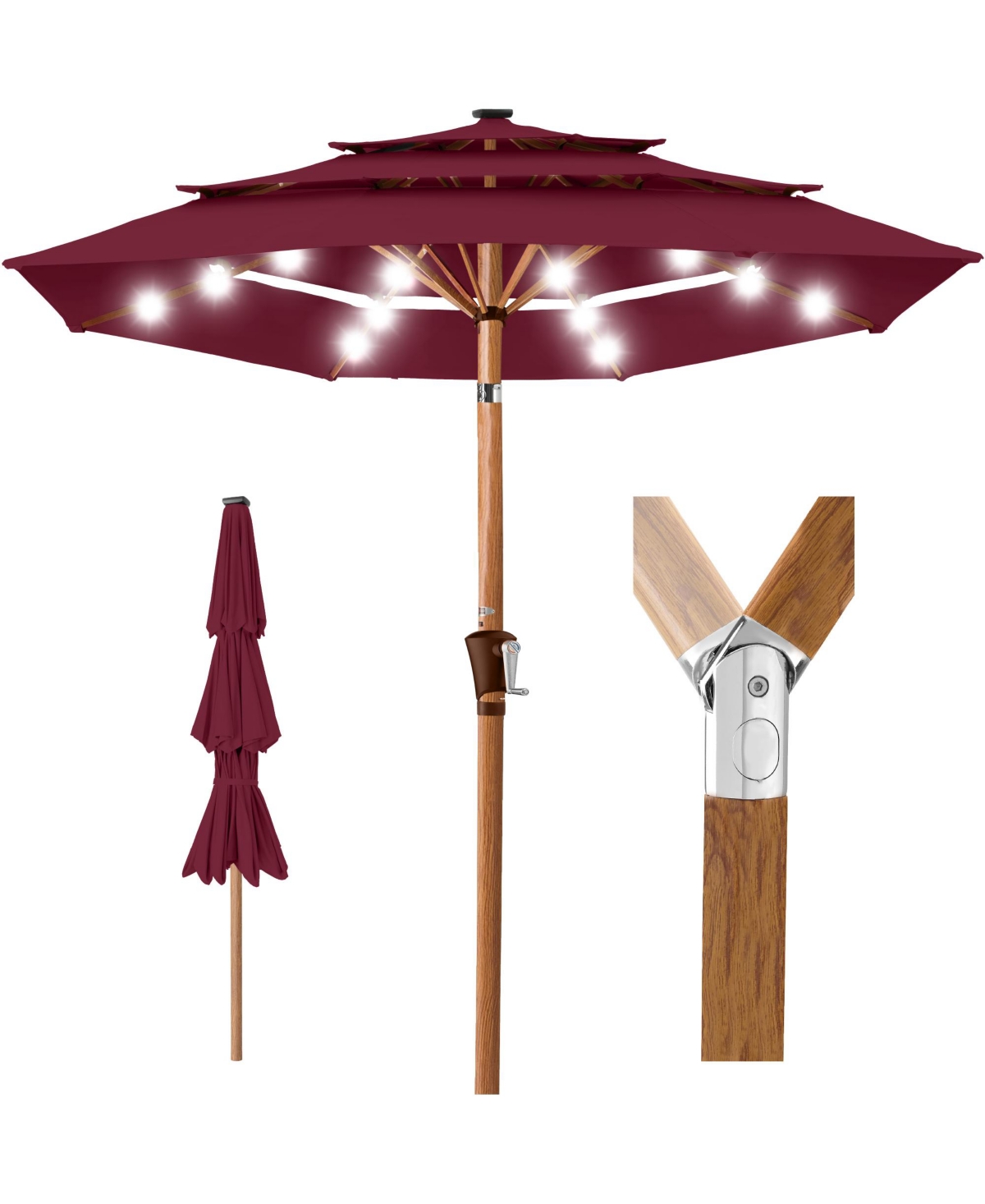 Woodgrain Pattern 10ft 3-Tier Solar Patio Umbrella w/ 24 Led Lights, Tilt - Burgundy