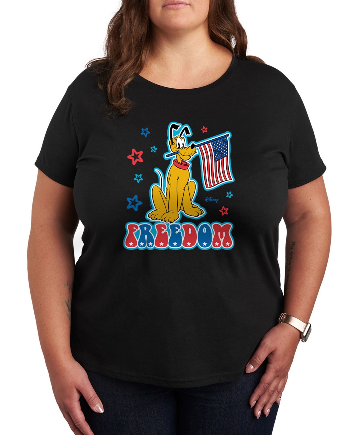 Plus Size Disney Pluto American Flag Graphic T-Shirt - Black