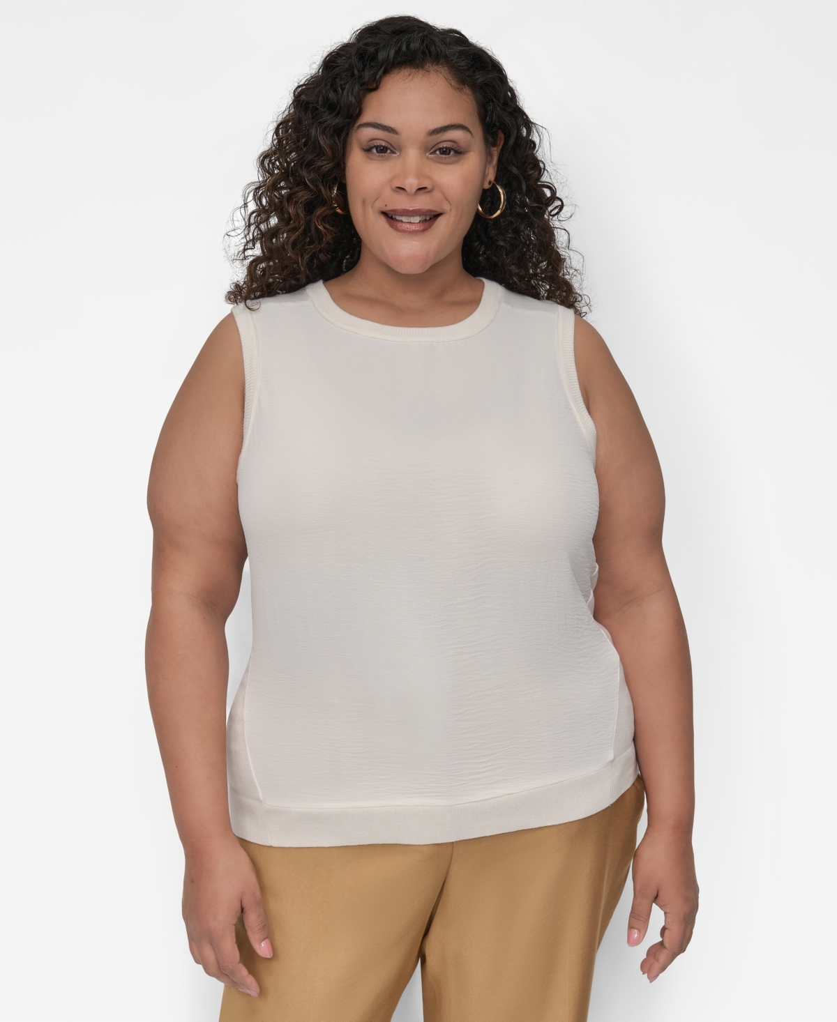 Plus Size Mix-Media Sleeveless Sweater Top - Coconut