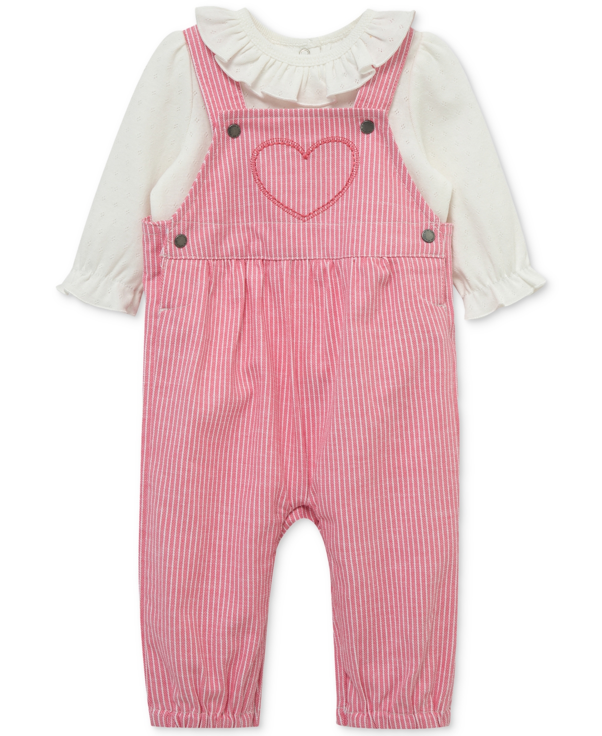 Little Me Long Sleeve Top & Stripe Overalls Set In Pink