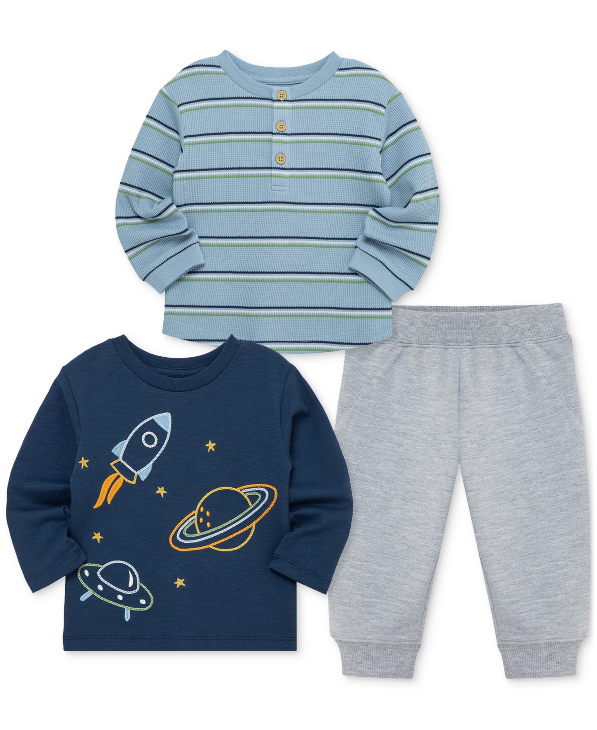 Little Me Baby Boys Space T-shirts & Jogger Pants, 3 Piece Set In Blue