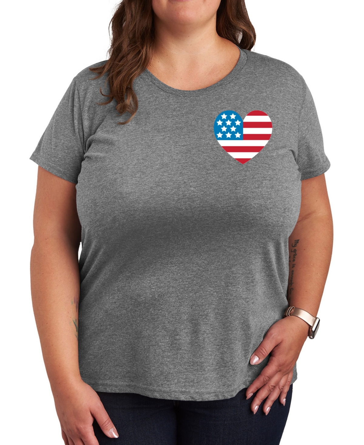 Hybrid Apparel Plus Size Americana Heart Flag Graphic Crew Neck T-shirt In Gray