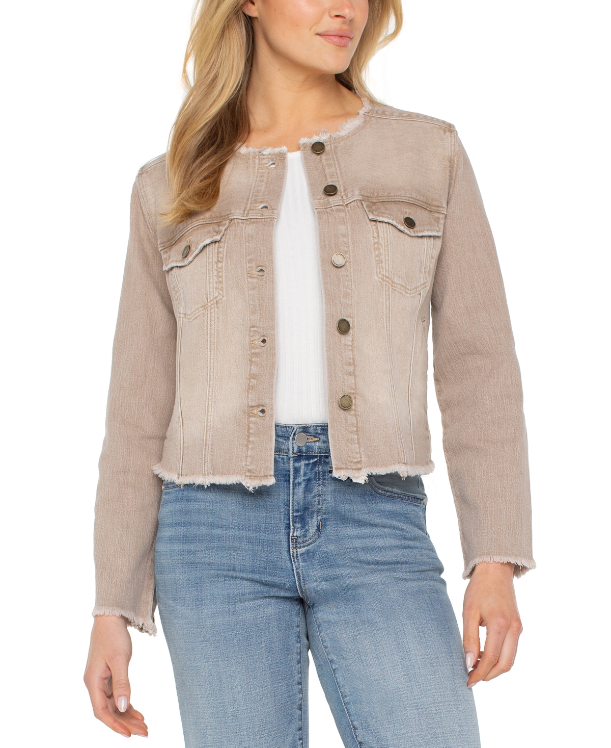 Women's Collarless Frayed Trim Denim Jacket - Vintage Khaki