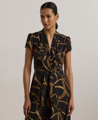 Petite Belting-Print Crepe Tie-Front Dress