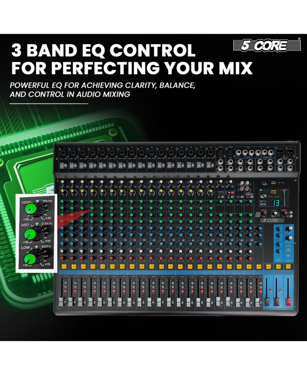 5 Core Dj Audio Mixer 24 Channel Stereo Sound Board w 256 effects Usb Bluetooth 48V Phantom Power