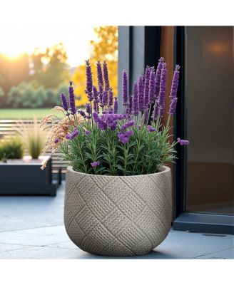 Misty Gray Glen Pattern 13.6-Inch Tall MgO Round Planter, Indoor and Outdoor