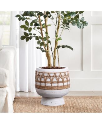 Boho White with Brown Accents 11-Inch Round MgO Planter