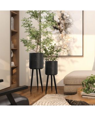 Set of 2 Black Dimpled Metal Cachepot Planters with Black Metal Legs