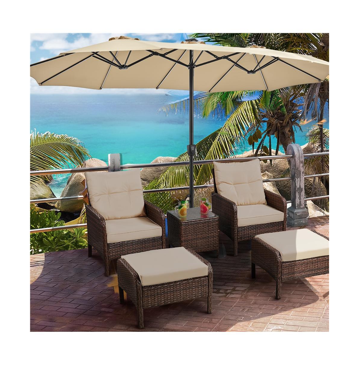 Yaheetech 15 ft Patio Parasol with Multi-Mode Led Lights Strips and Base Stand, Tan