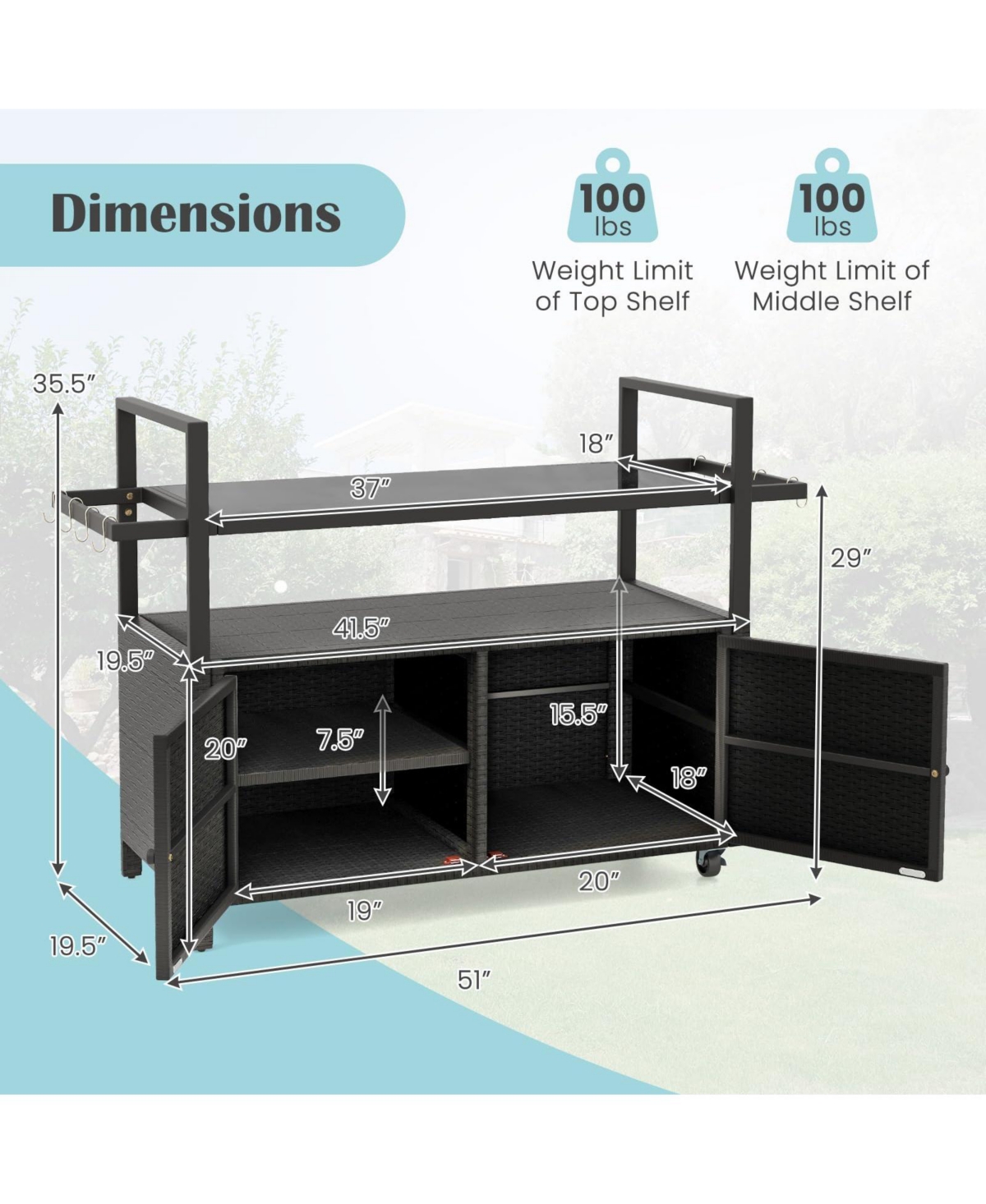 Outdoor Bar Cart Wicker Buffet Serving Cart with Cabinet and 8 Hooks