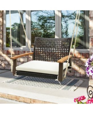Single Rattan Porch Swing with Armrests Cushion and Hanging Ropes