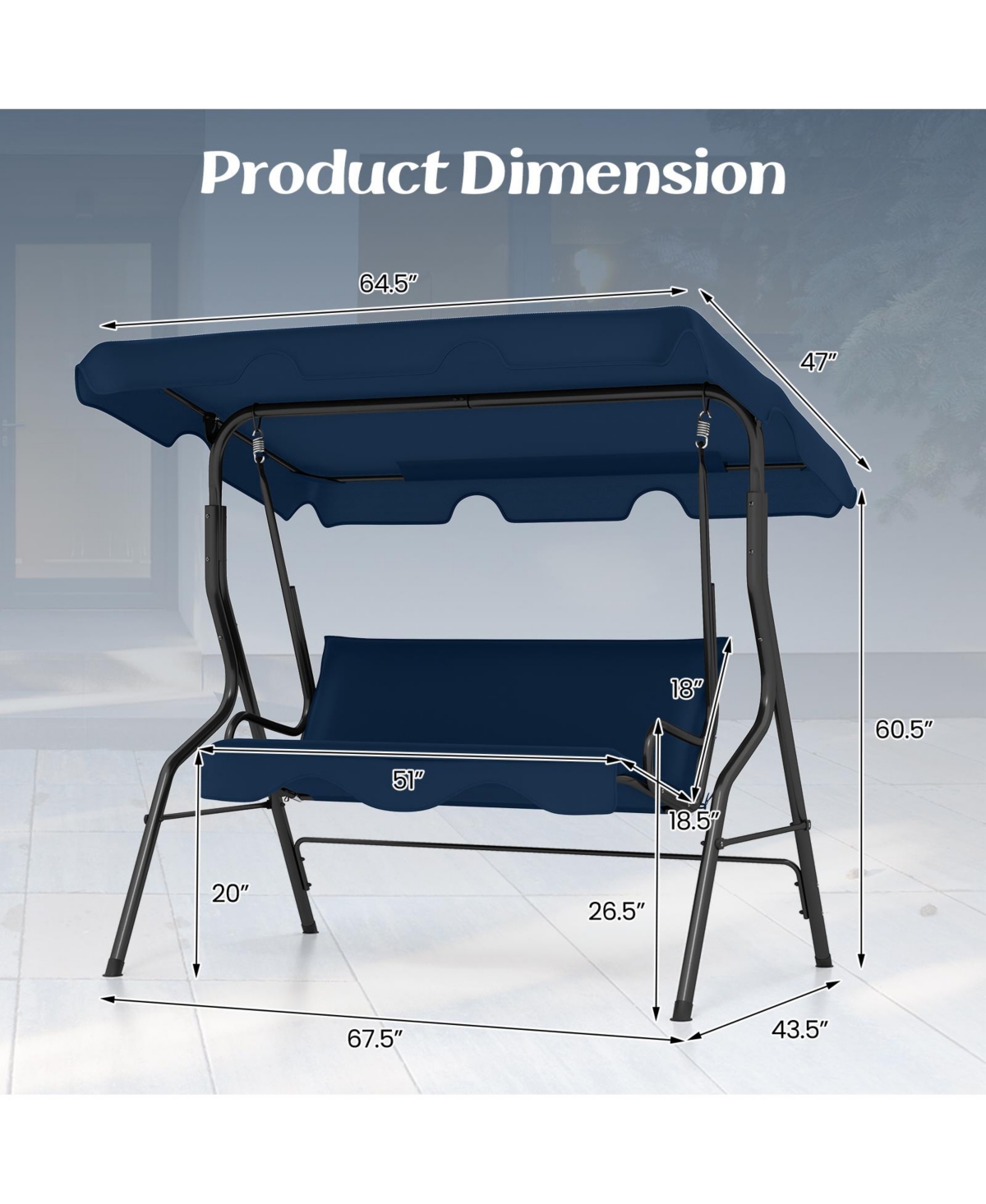 3 Seat Outdoor Patio Canopy Swing with Cushioned Steel Frame