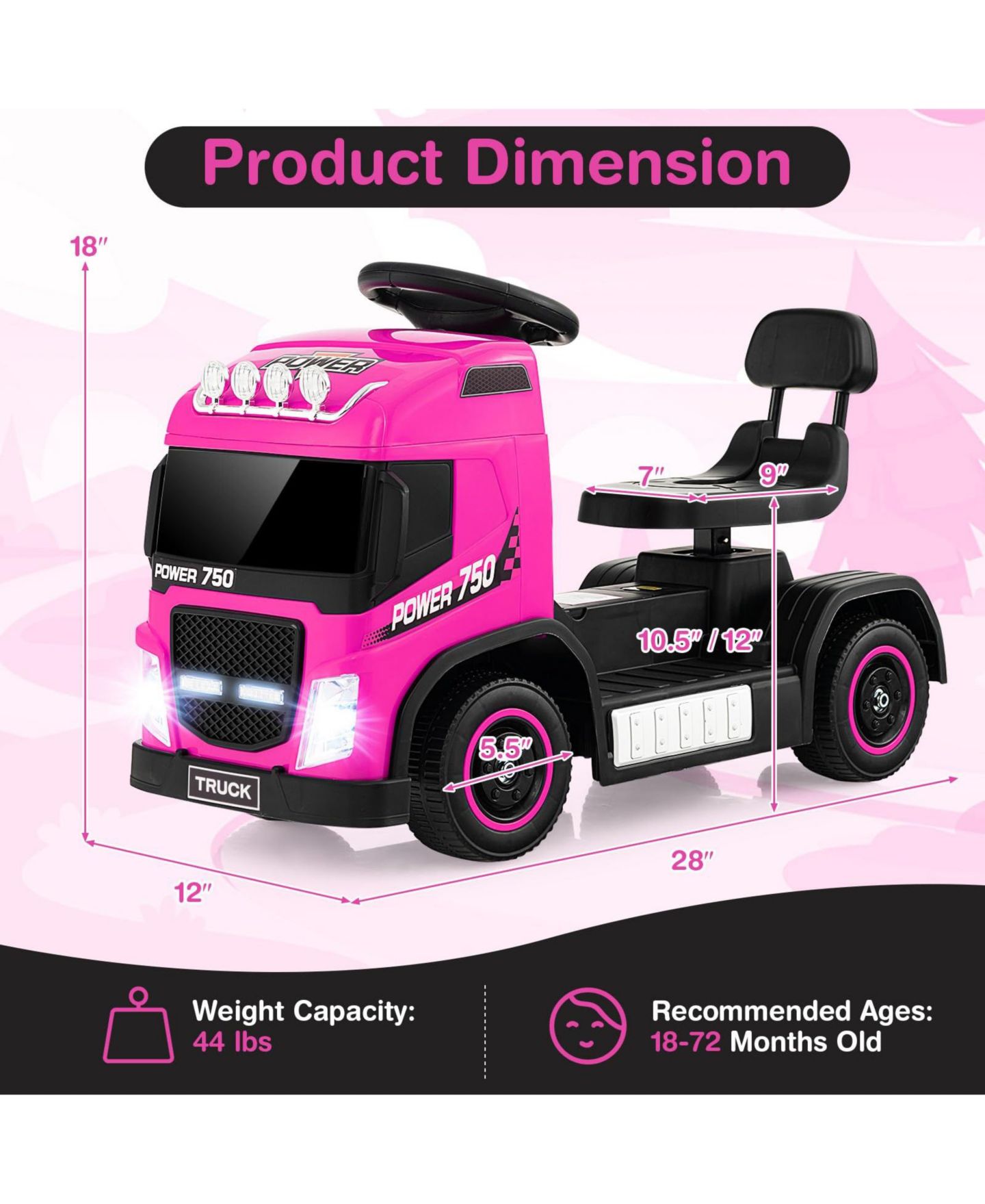Детская игрушка Mecale 6V 2-in-1 Height-Adjustable Ride-On Truck, Ages 2-7, цвет: Розовый — фото 2