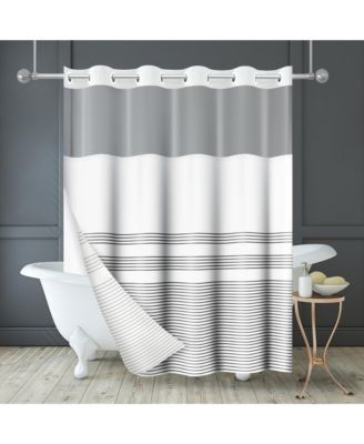 72x75 Hookless Shower Curtain - Grey Lines Shower Curtain with Sheer Panel, Snap-In Liner, and Grommets - 100% Polyester