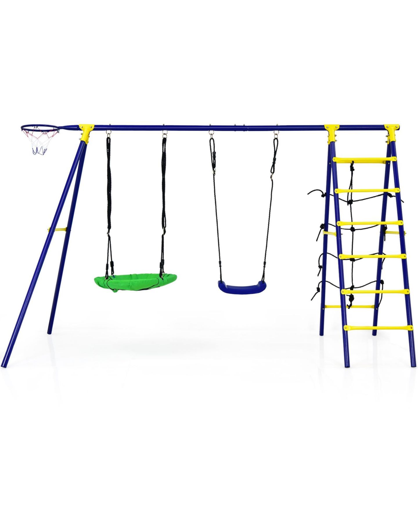 Детские игрушки Mecale 5-in-1 Metal Swing Set with Adjustable Swings, Basketball Hoop & Climbing Ladder, Ages 4+, цвет: Синий — фото 1