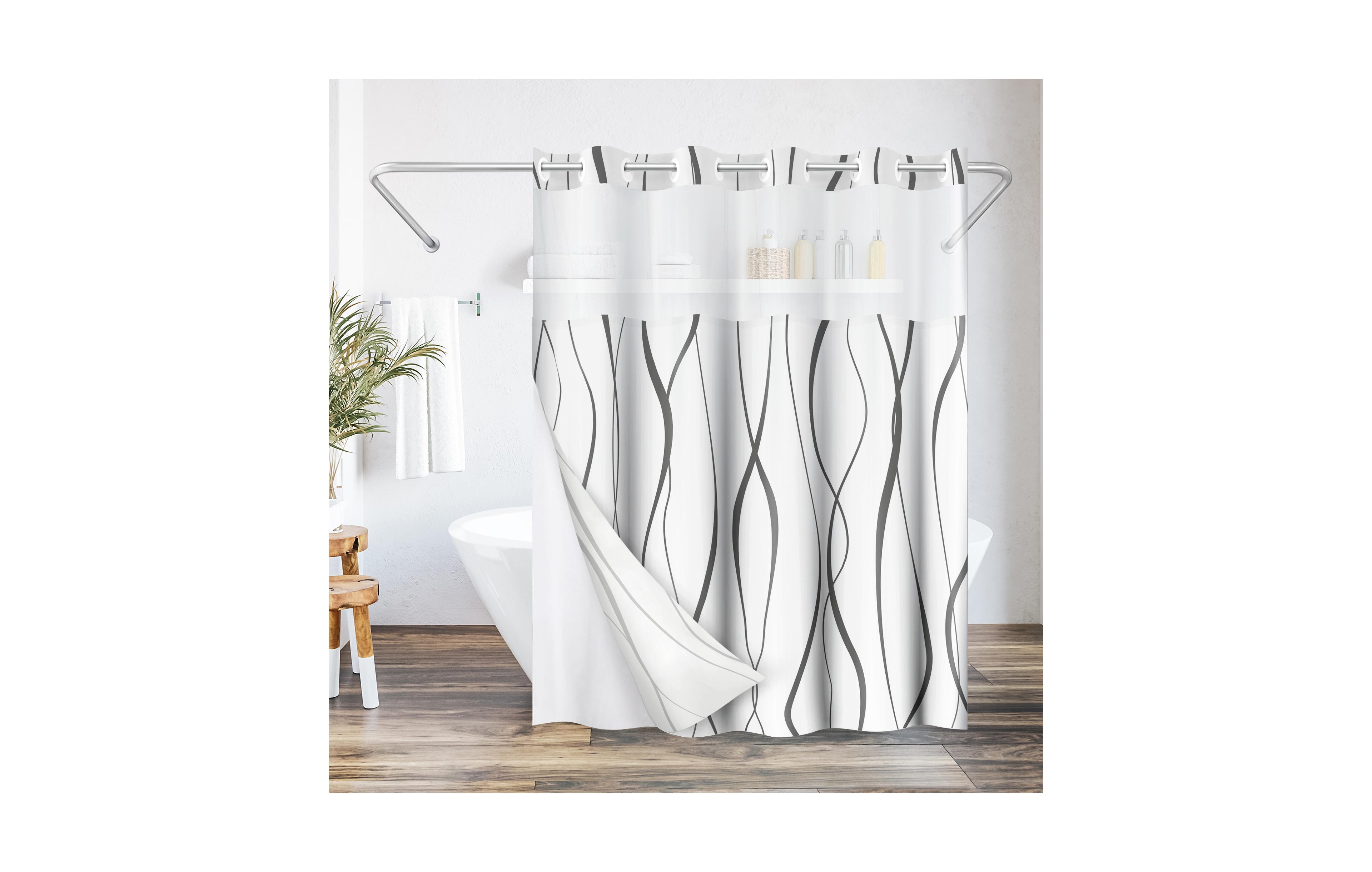 Americanflat 72x75 Hookless Shower Curtain - Gray Abstract Curve Lines Shower Curtain with Sheer Panel, Snap-In Liner, and Grommets - 100% Polyester