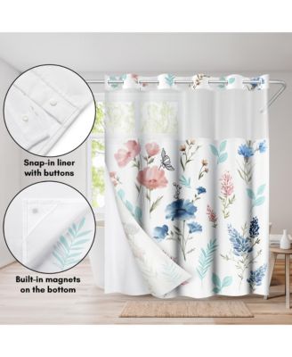 Hookless Floral Shower Curtain with Sheer Panel, Snap-In Liner & Grommets, 72" x 75"