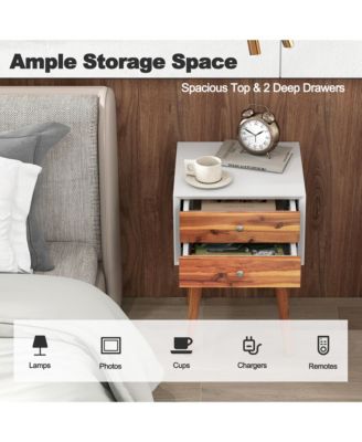 2PCS Wooden Nightstand Mid-Century End Side Table W/2 Storage Drawers