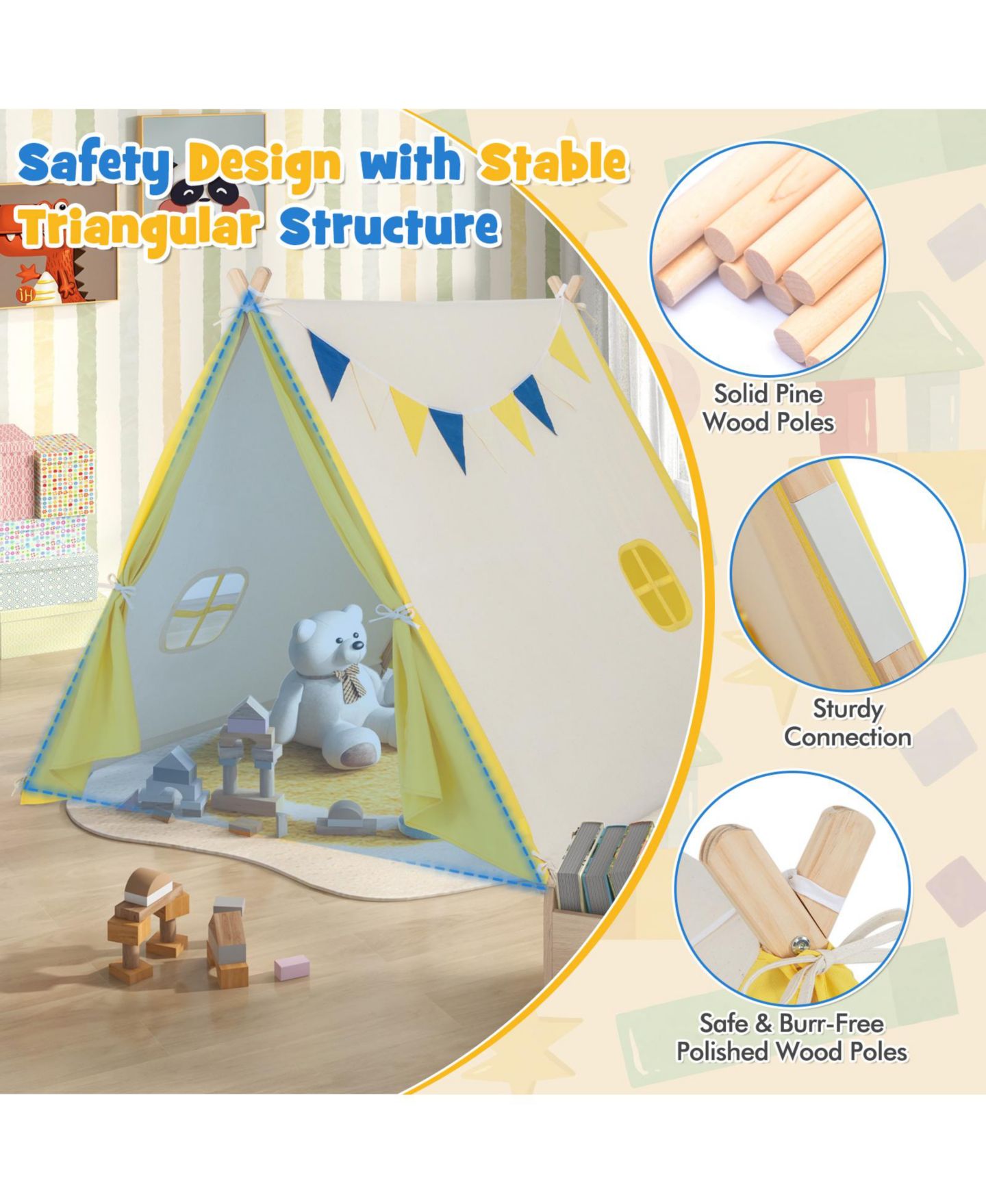 Детская игрушка Mecale Solid Wood Frame Kids' Play Tent, Ages 3+, цвет: Белый — фото 4