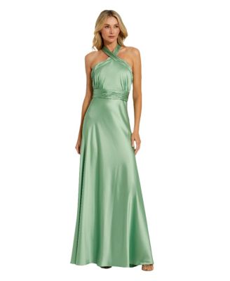 Women's Ruched Halter Neck Tie Back Satin Gown