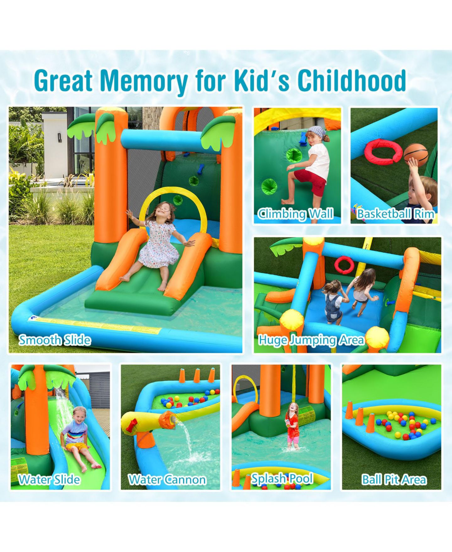 Детская игрушка Mecale 7-in-1 Inflatable Water Slide Park with Trampoline Climbing and 680W Blower, цвет: Зелёный — фото 5