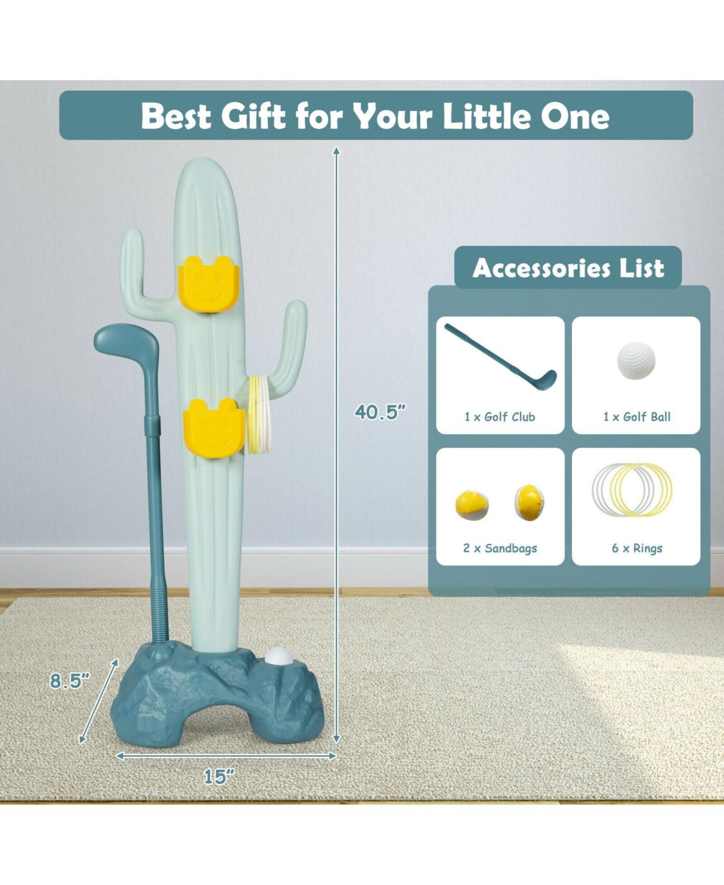 Детские игрушки Mecale 3-in-1 Cactus Toy Stand with Golf, Ring-Toss and Sandbag-Toss, Ages 3+, цвет: Зелёный — фото 3
