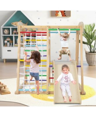6-in-1 Indoor Jungle Gym Kids Wooden Playground with Monkey Bars