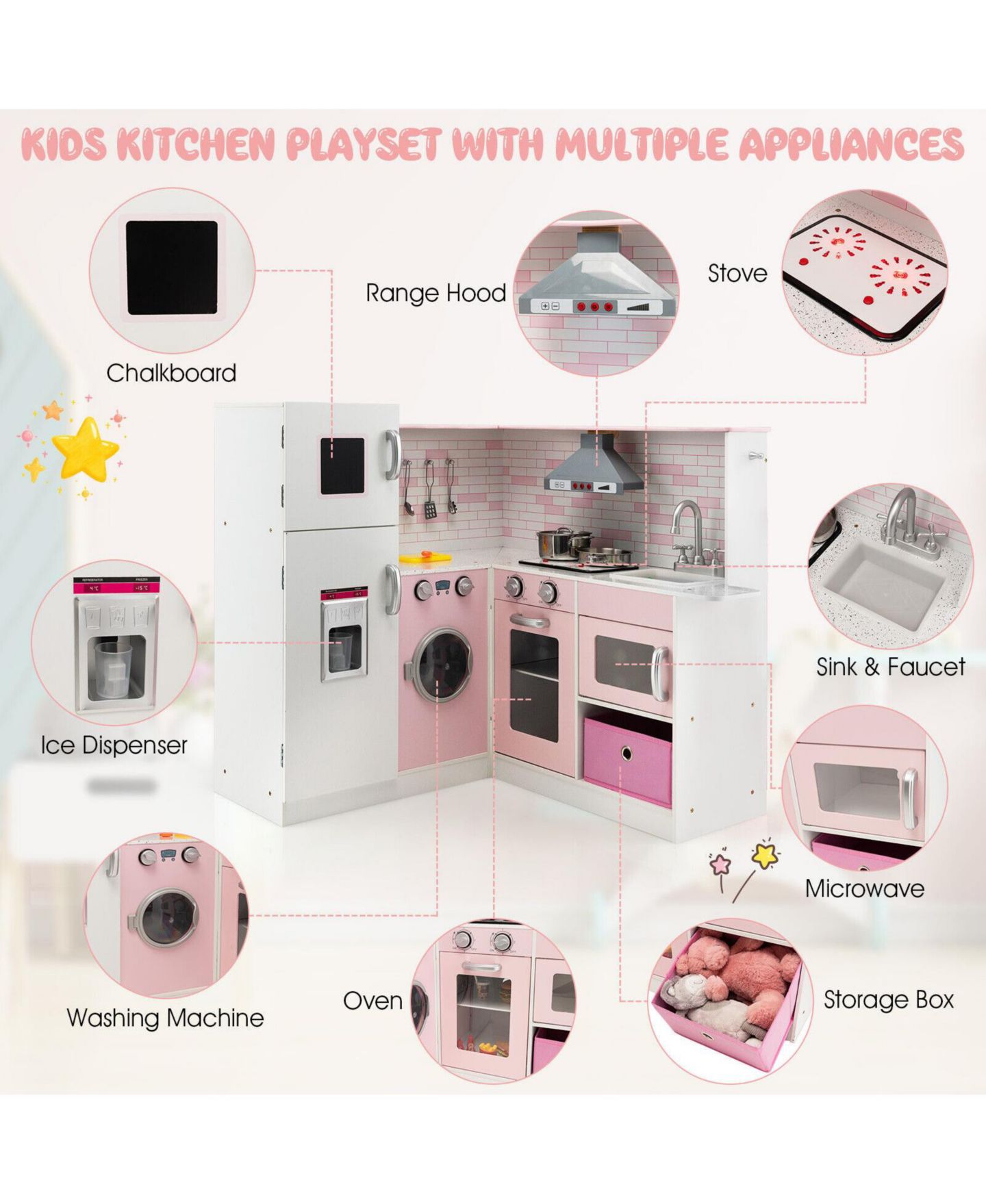 Детские игрушки Mecale Corner Play Kitchen Wooden Toy Set with Sound and Light, цвет: Розовый — фото 6
