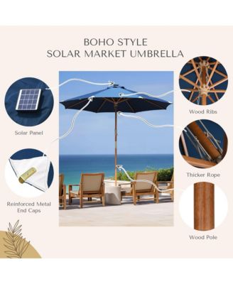 Boho 32 LED 9Ft Wood Market Patio Umbrella with Solar Lights for Bar Hotel Resort Alfresco Dining Rooftop Restauran Navy Blue